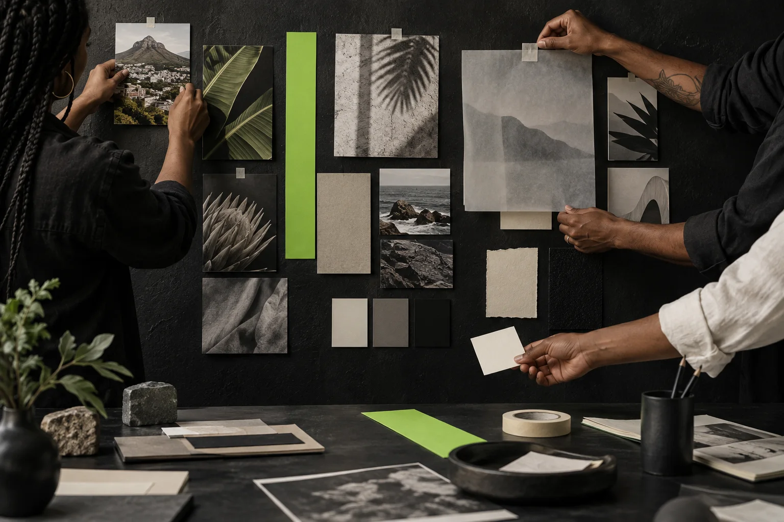 A creative team building a campaign direction from physical image and material studies