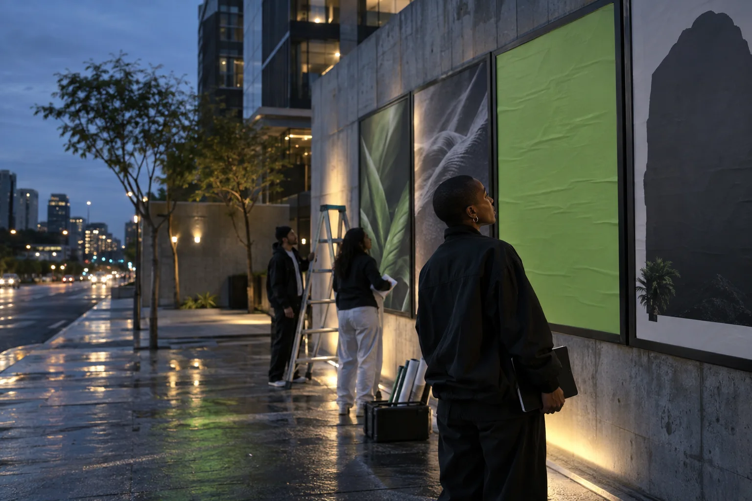 A campaign being installed in a city setting