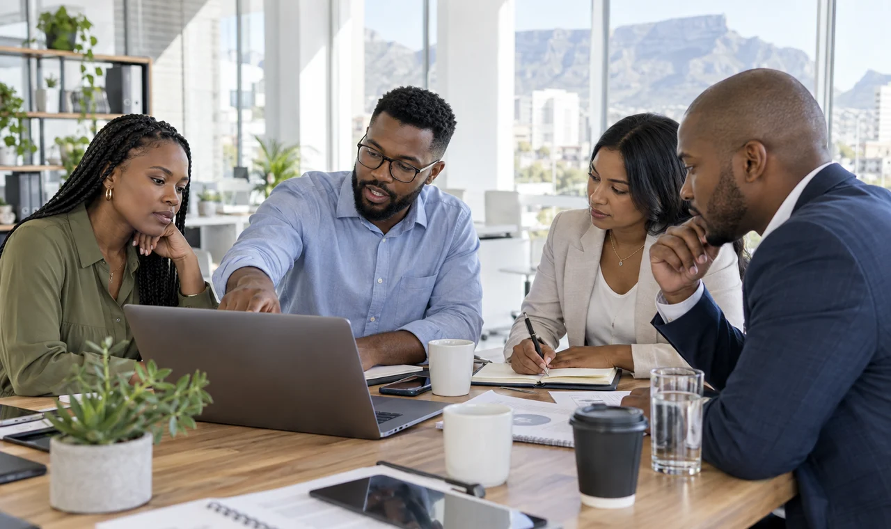 A South African business team coordinating customer work around a shared table