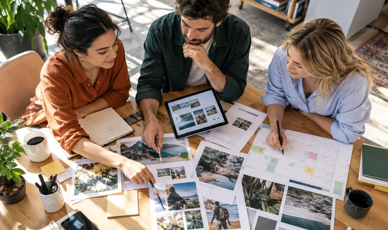 A marketing team actively planning a connected campaign in a creative workspace