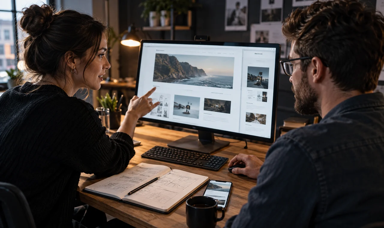 A designer and developer collaborating on a custom website in a creative studio