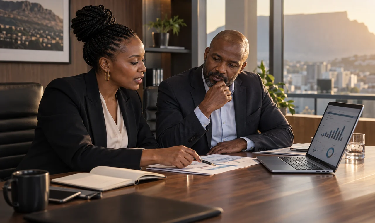 Two business leaders reviewing connected reporting and discussing the next decision