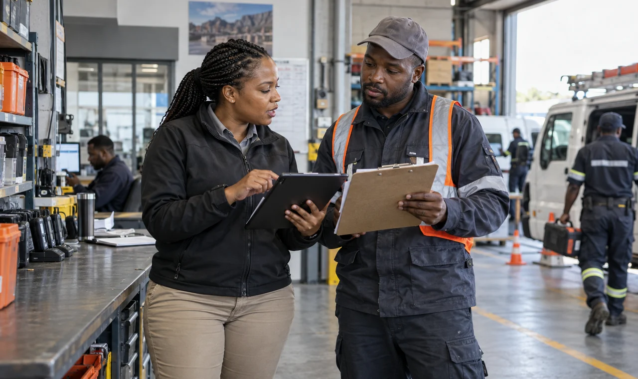 An operations team coordinating a live handoff with a tablet and work order