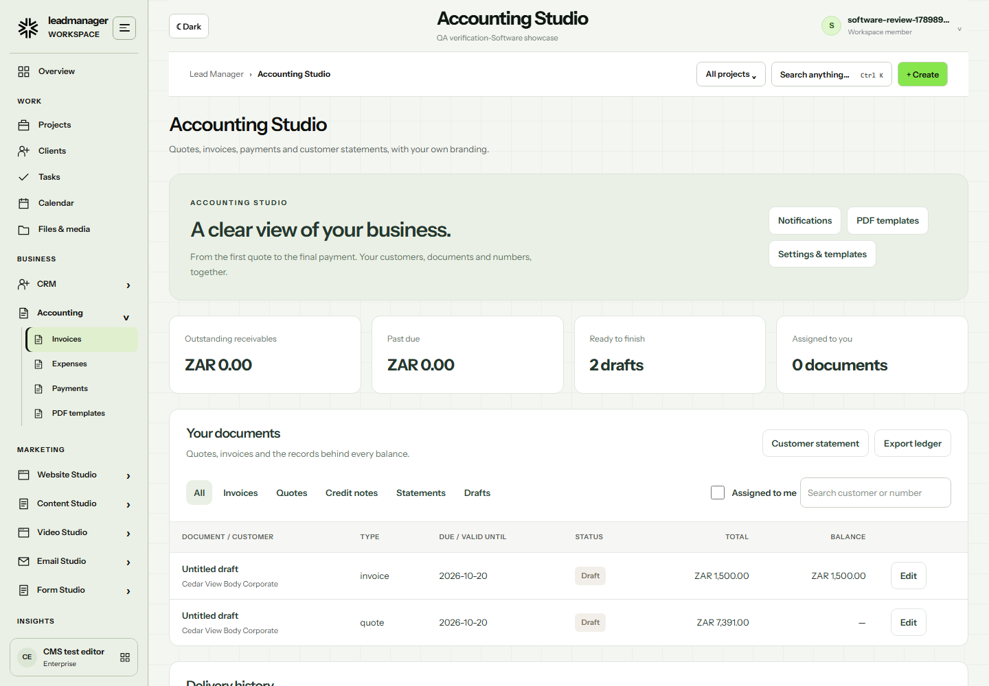 Actual Accounting Studio showing sample customer documents