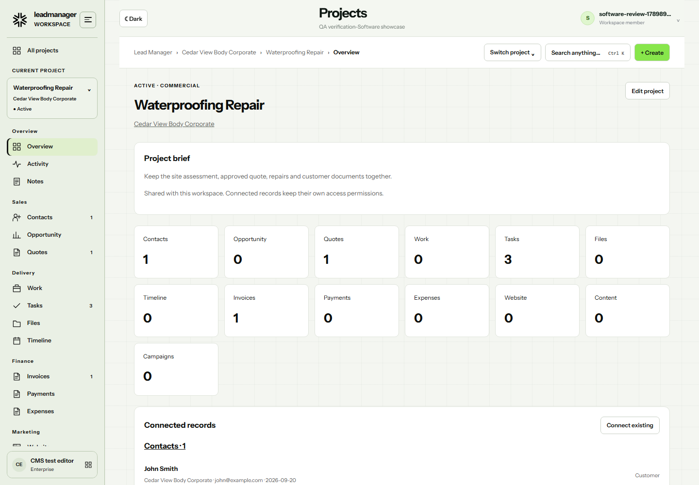 Actual connected project workspace with demonstration quotes, tasks and invoices