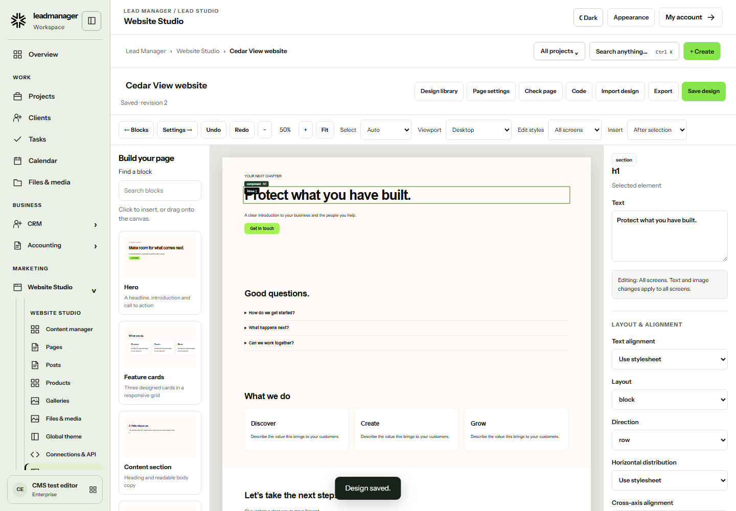 Actual Website Builder with reusable sections, a responsive canvas and layout inspector