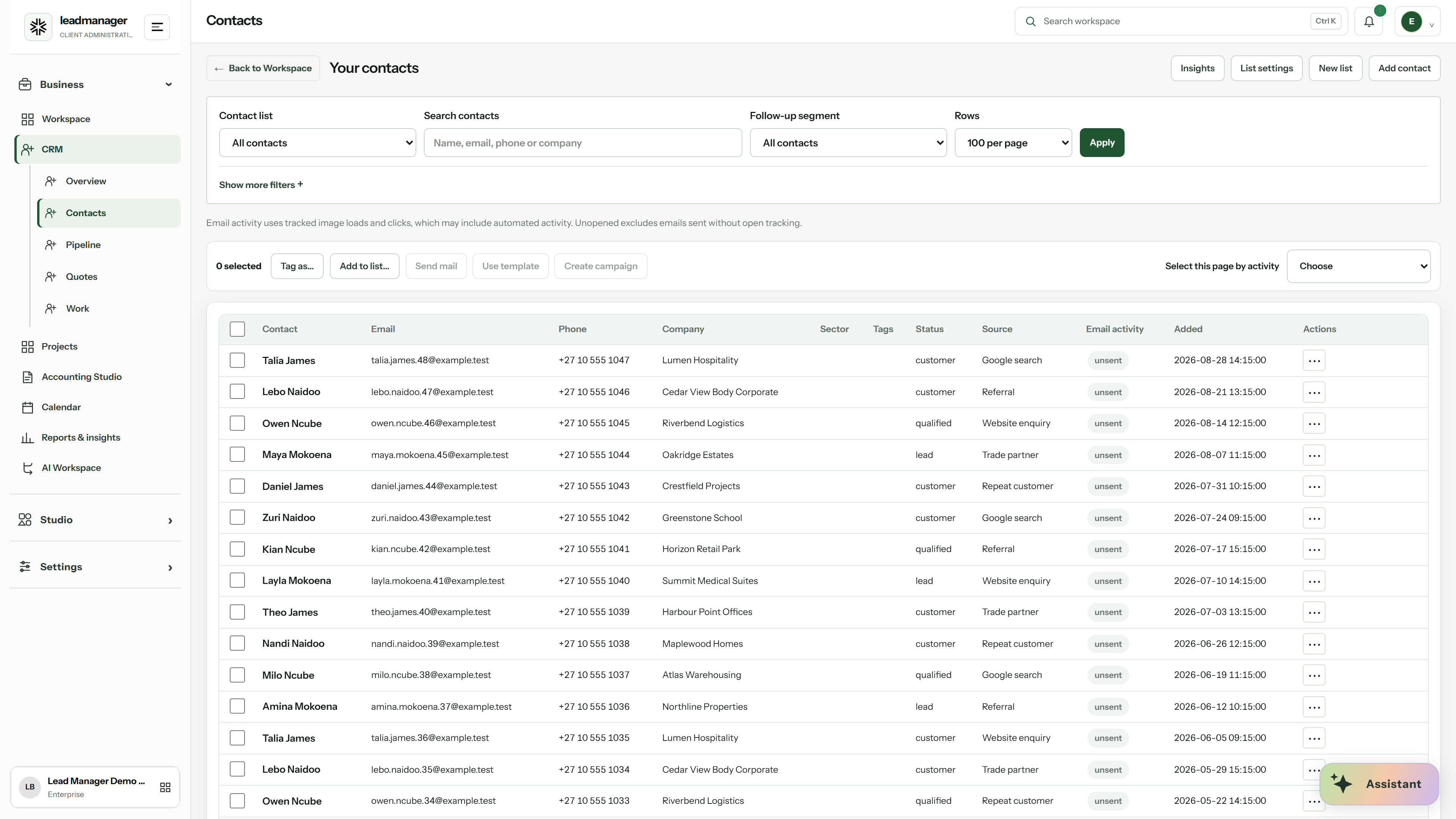 Lead Manager Contacts preview with demonstration data