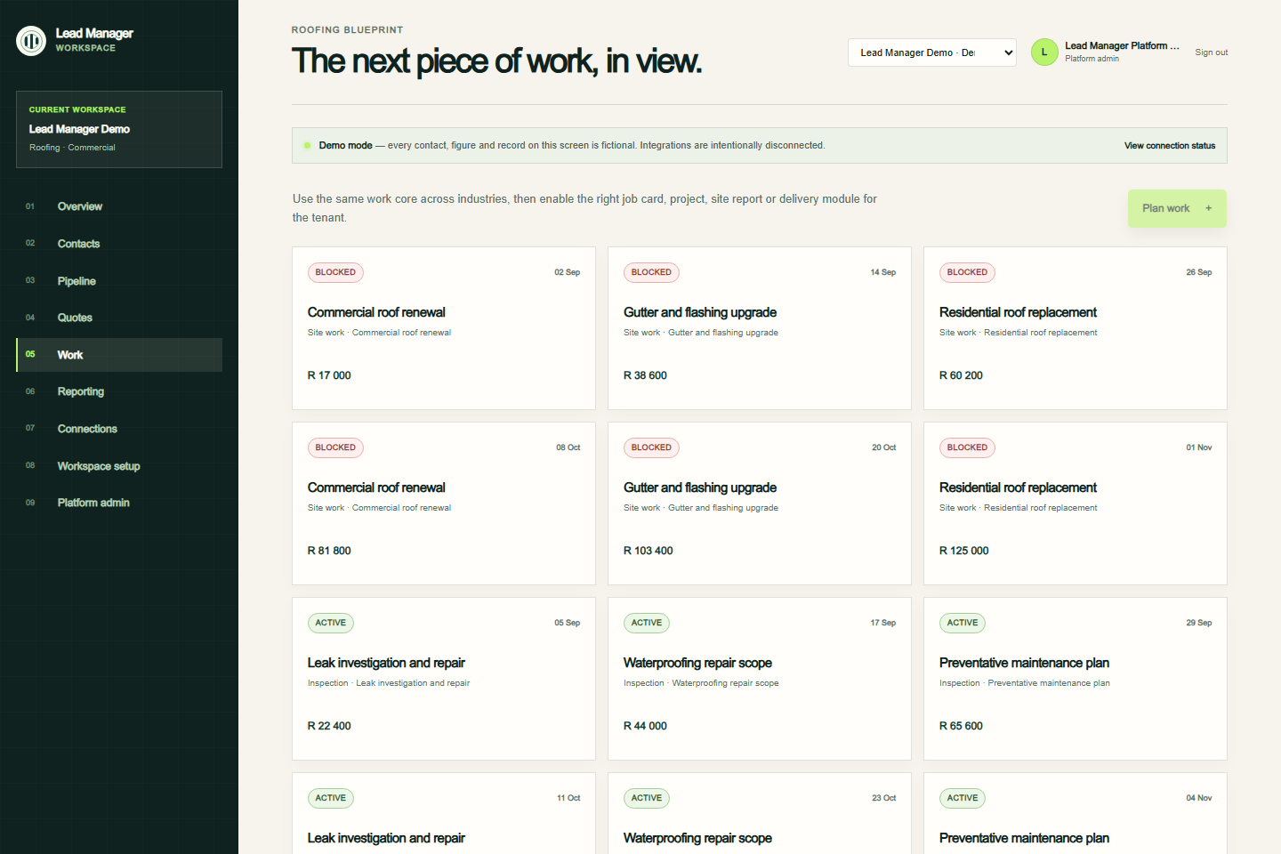 Work scheduling and operations in the actual Lead Manager Workspace, shown with demonstration data.